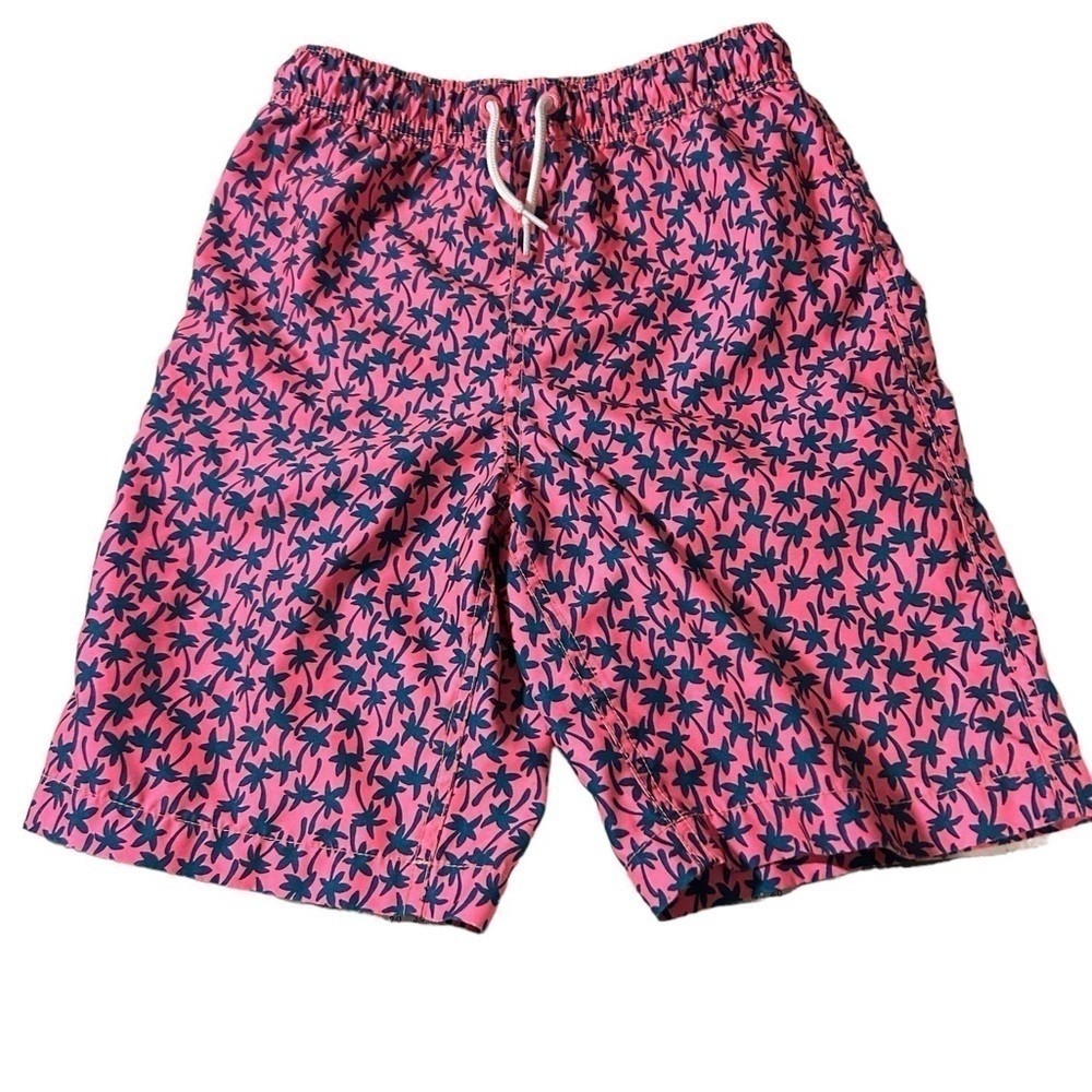 Land’s End Boys Palm Tree Blue Pink Swim Trunks Medium 10/12 Slim
